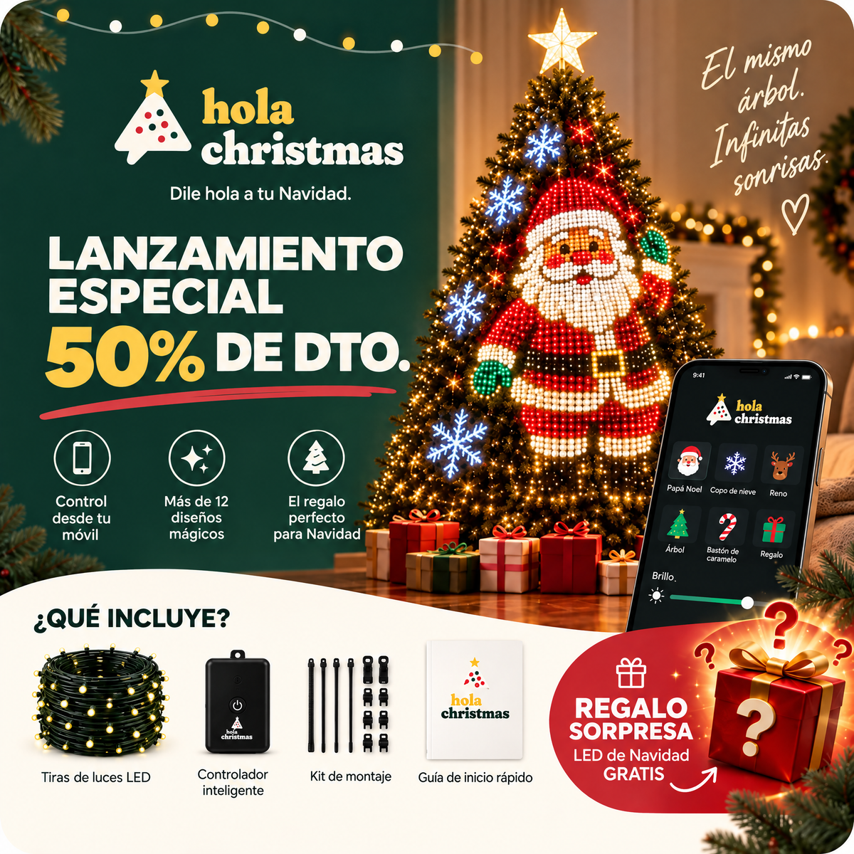 Cortina de luces para árbol de Navidad · 400 LED con app y mando