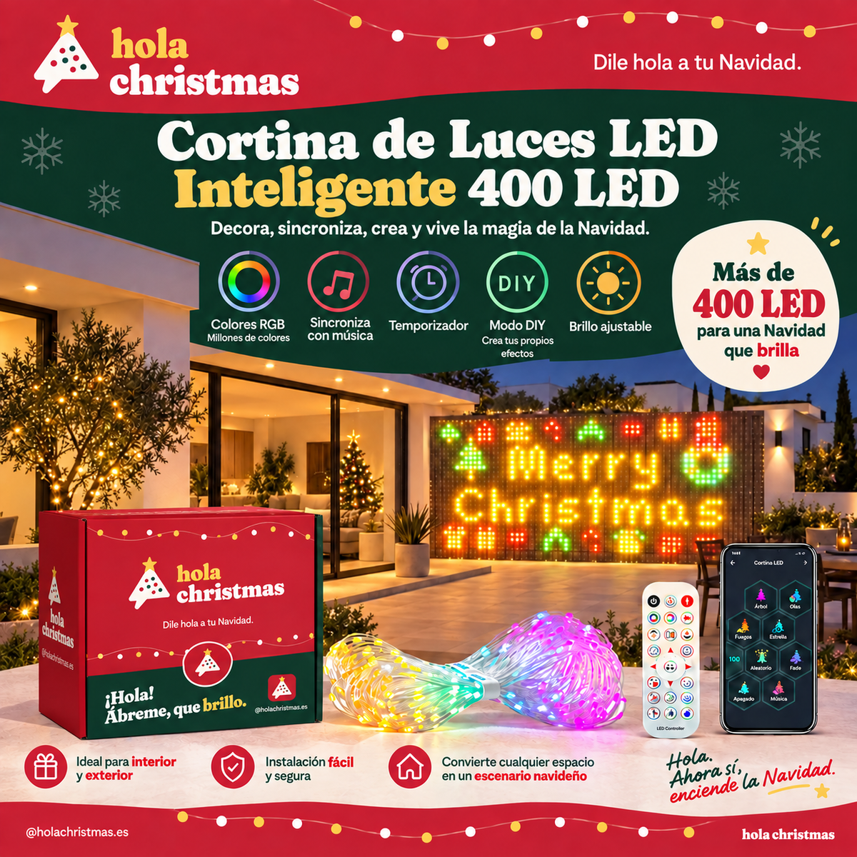 Cortina de luces LED inteligente · fachadas, balcones e interior