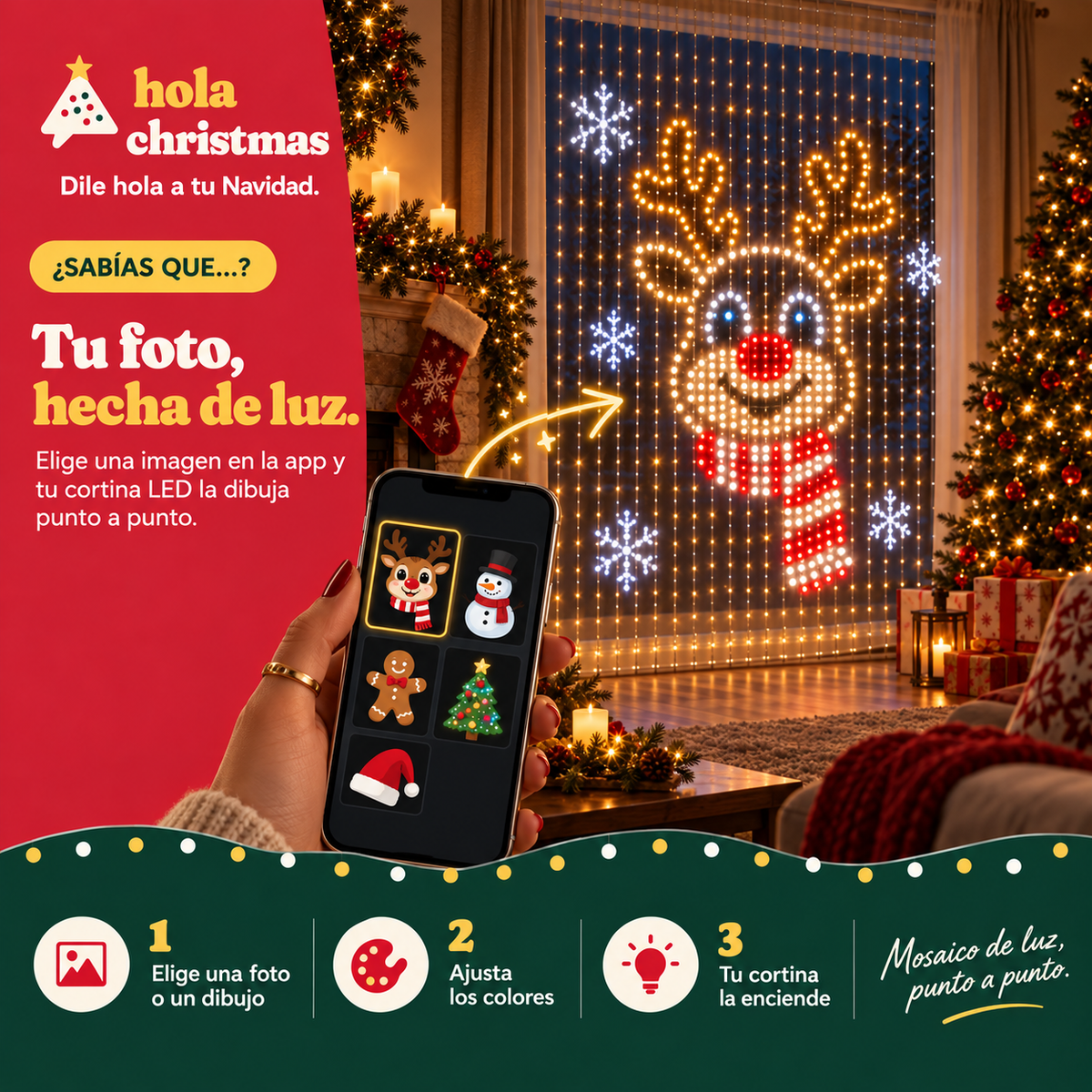 Cortina de luces LED inteligente · fachadas, balcones e interior